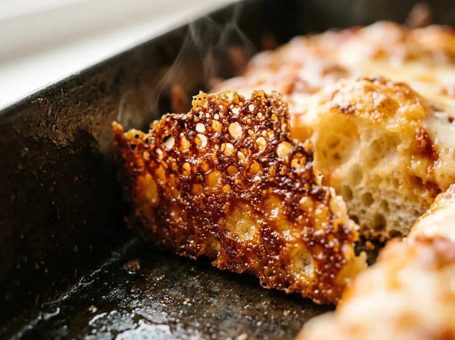 Macro del bordo di formaggio caramellato e croccante, il frico