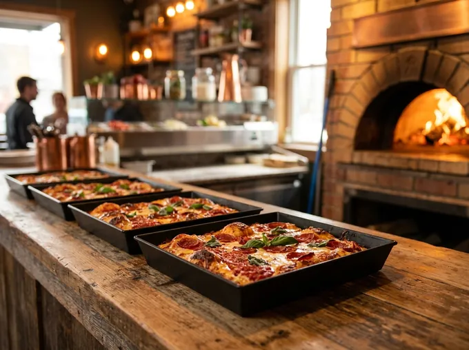 Teglie di pizza Detroit al banco vicino al forno