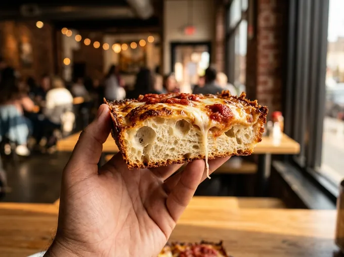 Trancio di pizza Detroit tenuto in mano