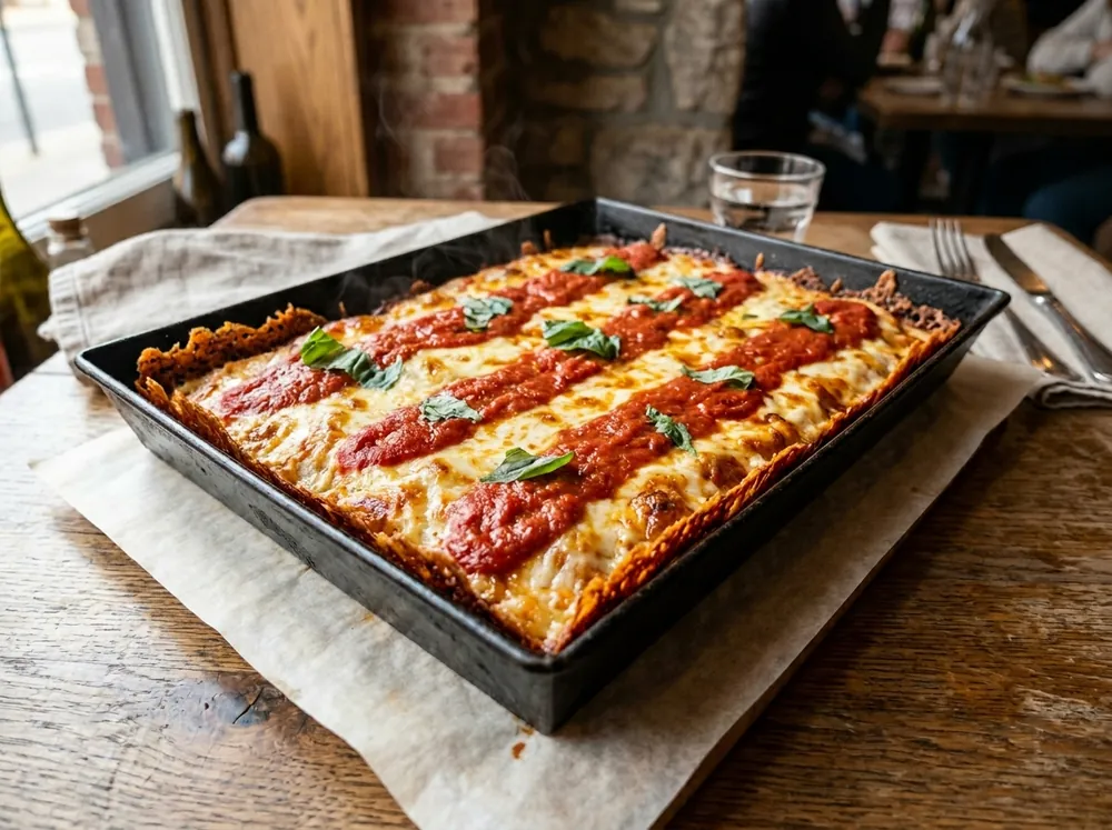 Teglia di pizza stile Detroit appena sfornata, bordo di formaggio croccante