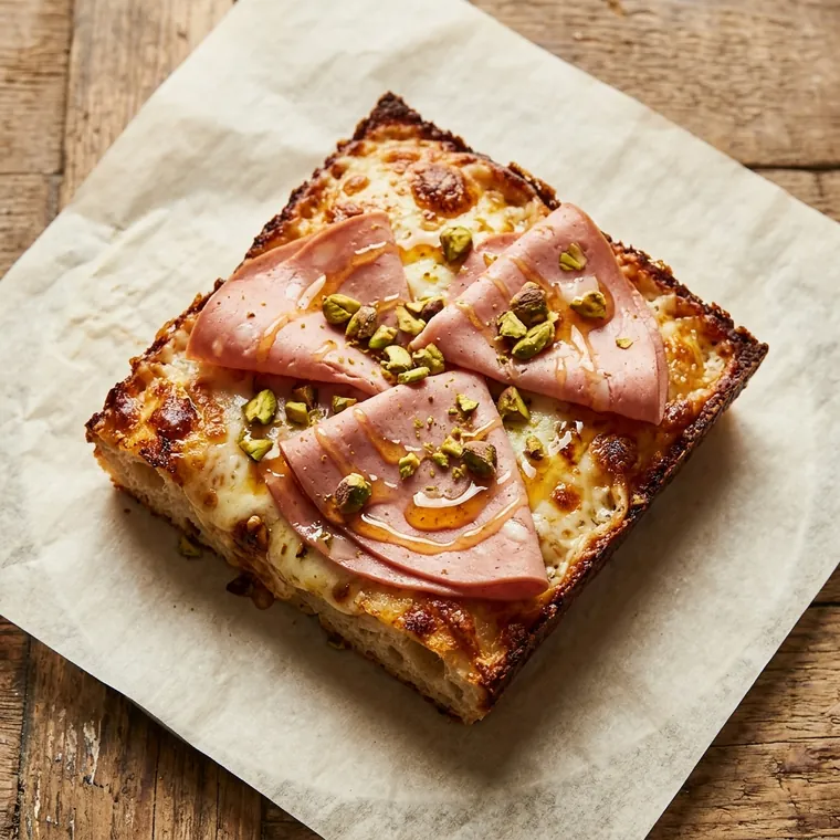 Pizza Detroit Hot Honey: mortadella, miele piccante e pistacchio